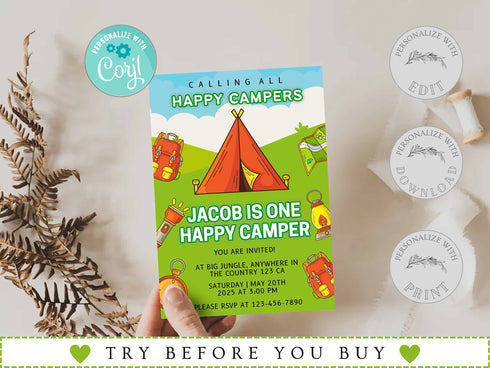 Editable Camping Birthday Invitation, Adventure Forest Camp Birthday Invitation Template, Camper Birthday Invitation, Printable, Corjl