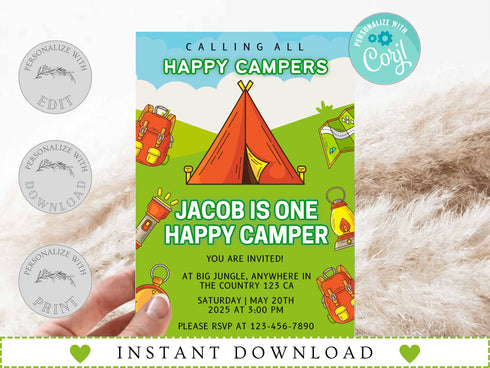 Editable Camping Birthday Invitation, Adventure Forest Camp Birthday Invitation Template, Camper Birthday Invitation, Printable, Corjl