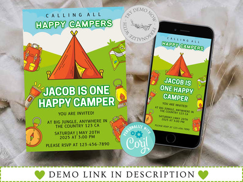 Editable Camping Birthday Invitation, Adventure Forest Camp Birthday Invitation Template, Camper Birthday Invitation, Printable, Corjl