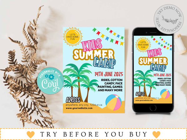 Editable Summer Camp Flyer Template, Kids Summer Camp Flyer Template, Summer Camp Editable Flyer, Kids Day Camp, Summer Camp Poster