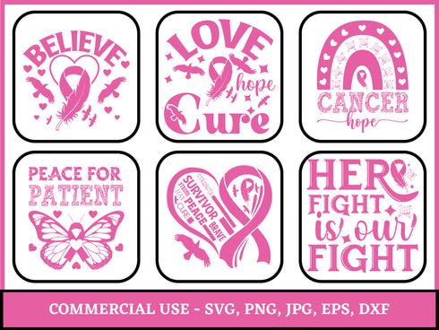 Breast Cancer SVG Bundle | Cancer Awareness SVG PNG DXF EPS | Pink Ribbon Cut Files for Cricut | Awareness Shirt Vector Design