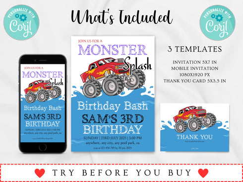 Pool Party Invitation Template, Pool Birthday Party, Monster Splash Birthday Bash Invite, Monster Truck Waterslide, Summer Birthday Party