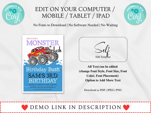Pool Party Invitation Template, Pool Birthday Party, Monster Splash Birthday Bash Invite, Monster Truck Waterslide, Summer Birthday Party