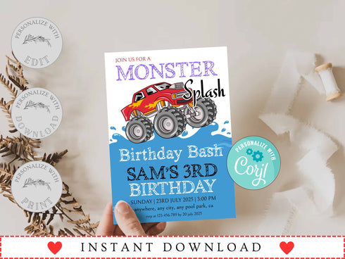 Pool Party Invitation Template, Pool Birthday Party, Monster Splash Birthday Bash Invite, Monster Truck Waterslide, Summer Birthday Party