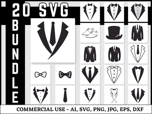 Tuxedo SVG Bundle | Tuxedo Suit SVG PNG DXF EPS | Gentleman Bow Tie Cut Files for Cricut | Formal Wear Vector Design