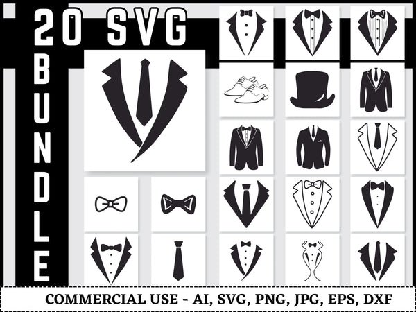 Tuxedo SVG Bundle | Tuxedo Suit SVG PNG DXF EPS | Gentleman Bow Tie Cut Files for Cricut | Formal Wear Vector Design