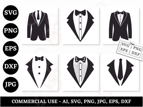 Tuxedo SVG Bundle | Tuxedo Suit SVG PNG DXF EPS | Gentleman Bow Tie Cut Files for Cricut | Formal Wear Vector Design