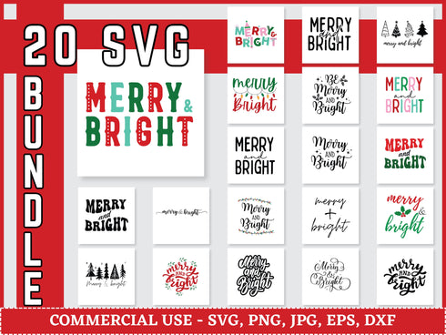 Merry and Bright SVG | Christmas Quote SVG PNG DXF EPS | Holiday Cut Files for Cricut | Winter Holiday Vector Design