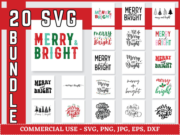 Merry and Bright SVG | Christmas Quote SVG PNG DXF EPS | Holiday Cut Files for Cricut | Winter Holiday Vector Design