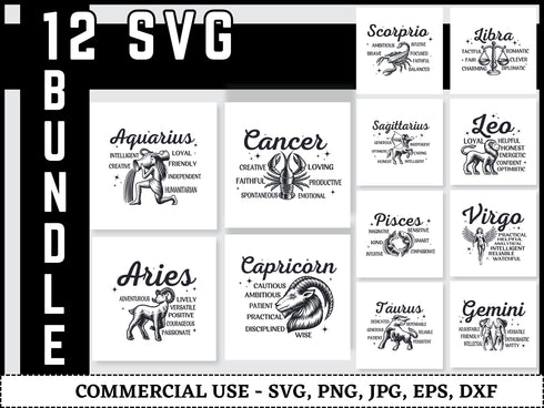 Zodiac SVG Bundle | Celestial Zodiac Constellation SVG PNG DXF EPS | Astrology Horoscope Cut Files for Cricut | Star Sign Vector Design