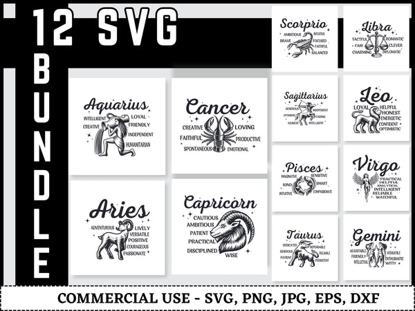 Zodiac SVG Bundle | Celestial Zodiac Constellation SVG PNG DXF EPS | Astrology Horoscope Cut Files for Cricut | Star Sign Vector Design