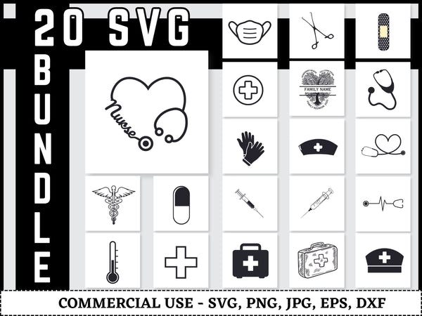 Nurse Icons SVG Bundle | Nurse Life SVG PNG DXF EPS | Nurse Superhero Cut Files for Cricut | Medical Stethoscope Vector Design