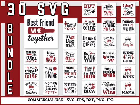 Wine SVG Bundle | Wine Glass SVG PNG DXF EPS | Funny Wine Quotes Cut Files for Cricut | Alcohol Lover Vector Design