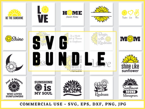Sunflower SVG Bundle | Sunflower SVG PNG DXF EPS | Floral Monogram Cut Files for Cricut | Flower Quote Vector Design