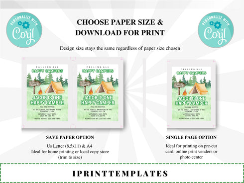 Editable Camping Birthday Invitation, Adventure Forest Camp Birthday Invitation Template, Camper Birthday Invitation, Printable, Corjl