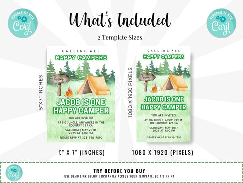 Editable Camping Birthday Invitation, Adventure Forest Camp Birthday Invitation Template, Camper Birthday Invitation, Printable, Corjl