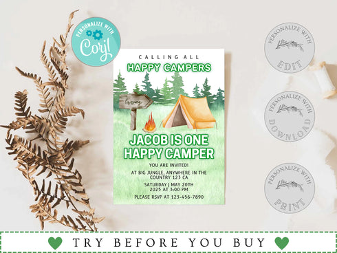 Editable Camping Birthday Invitation, Adventure Forest Camp Birthday Invitation Template, Camper Birthday Invitation, Printable, Corjl