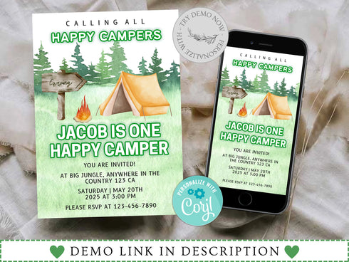 Editable Camping Birthday Invitation, Adventure Forest Camp Birthday Invitation Template, Camper Birthday Invitation, Printable, Corjl
