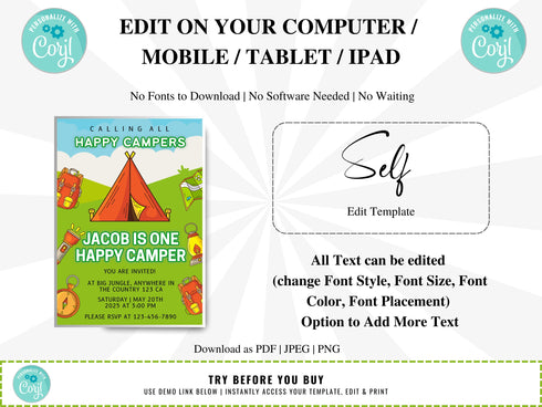 Editable Camping Birthday Invitation, Adventure Forest Camp Birthday Invitation Template, Camper Birthday Invitation, Printable, Corjl