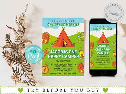 Editable Camping Birthday Invitation, Adventure Forest Camp Birthday Invitation Template, Camper Birthday Invitation, Printable, Corjl