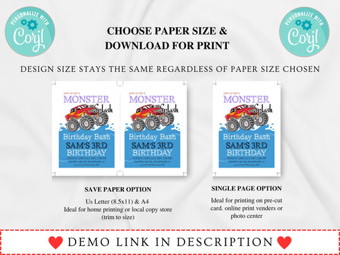 Pool Party Invitation Template, Pool Birthday Party, Monster Splash Birthday Bash Invite, Monster Truck Waterslide, Summer Birthday Party