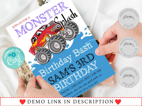 Pool Party Invitation Template, Pool Birthday Party, Monster Splash Birthday Bash Invite, Monster Truck Waterslide, Summer Birthday Party