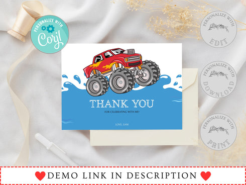 Pool Party Invitation Template, Pool Birthday Party, Monster Splash Birthday Bash Invite, Monster Truck Waterslide, Summer Birthday Party
