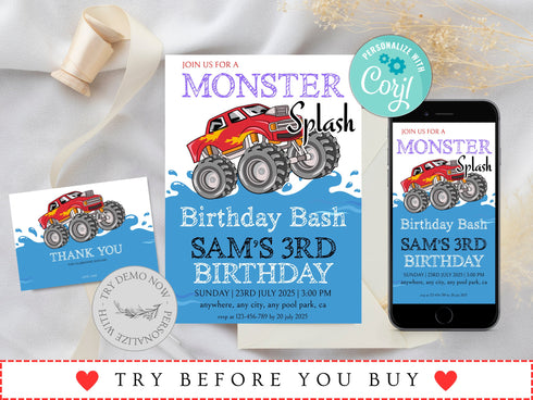 Pool Party Invitation Template, Pool Birthday Party, Monster Splash Birthday Bash Invite, Monster Truck Waterslide, Summer Birthday Party