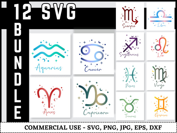 Zodiac Signs SVG Bundle | Astrology Zodiac SVG PNG DXF EPS | Star Sign Clipart Cut Files for Cricut | Celestial Vector Design