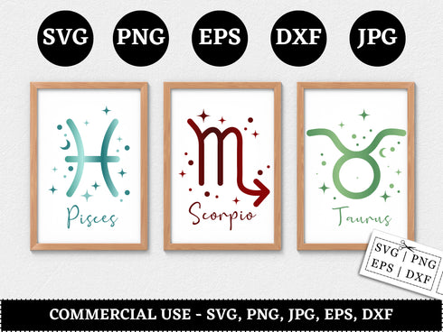 Zodiac Signs SVG Bundle | Astrology Zodiac SVG PNG DXF EPS | Star Sign Clipart Cut Files for Cricut | Celestial Vector Design