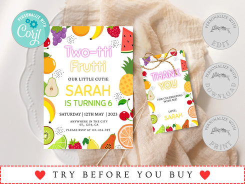 Tutti Frutti Invitation, Instant Download, Two-Tti Frutti Birthday Party Invitation Template, 6th Birthday Invite, Fruit Invitation, Corjl