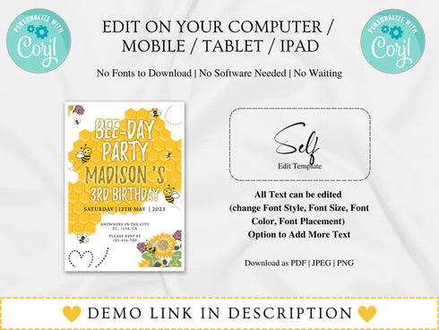 Bee Day Birthday Invitation, Bee Birthday Invitation, Bee 3rd Birthday Template, Beeday Birthday Invite, Bumble Bee Party Invite, Birthday