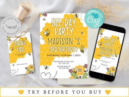 Bee Day Birthday Invitation, Bee Birthday Invitation, Bee 3rd Birthday Template, Beeday Birthday Invite, Bumble Bee Party Invite, Birthday