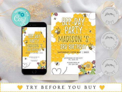 Bee Day Birthday Invitation, Bee Birthday Invitation, Bee 3rd Birthday Template, Beeday Birthday Invite, Bumble Bee Party Invite, Birthday