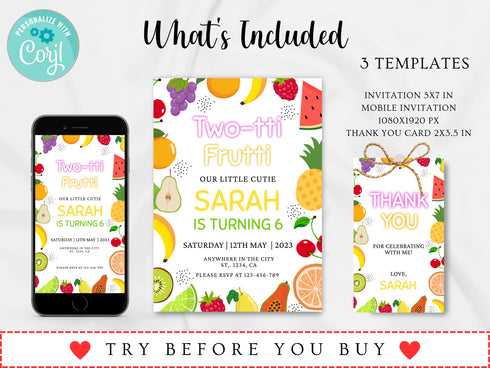 Tutti Frutti Invitation, Instant Download, Two-Tti Frutti Birthday Party Invitation Template, 6th Birthday Invite, Fruit Invitation, Corjl