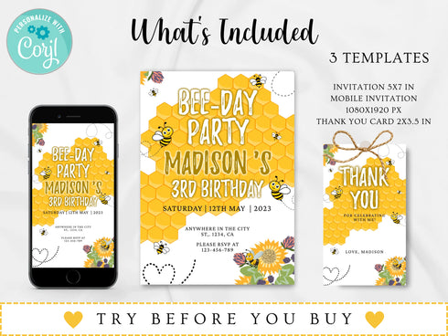 Bee Day Birthday Invitation, Bee Birthday Invitation, Bee 3rd Birthday Template, Beeday Birthday Invite, Bumble Bee Party Invite, Birthday