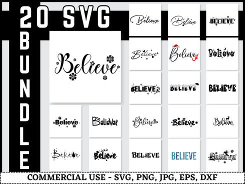 Believe SVG Bundle | Christmas Believe SVG PNG DXF EPS | Snowflake Winter Cut Files for Cricut | Holiday Quote Vector Design