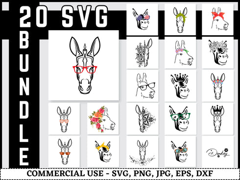 Donkey SVG Bundle | Donkey SVG PNG DXF EPS | Farm Animal Donkey Cut Files for Cricut | Donkey Head Vector Design