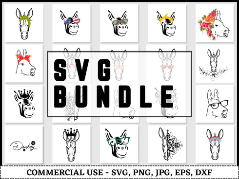 Donkey SVG Bundle | Donkey SVG PNG DXF EPS | Farm Animal Donkey Cut Files for Cricut | Donkey Head Vector Design