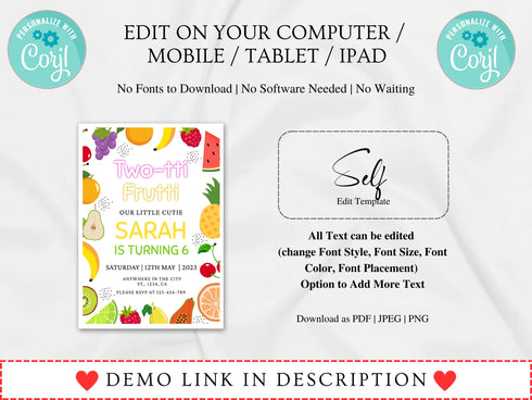 Tutti Frutti Invitation, Instant Download, Two-Tti Frutti Birthday Party Invitation Template, 6th Birthday Invite, Fruit Invitation, Corjl