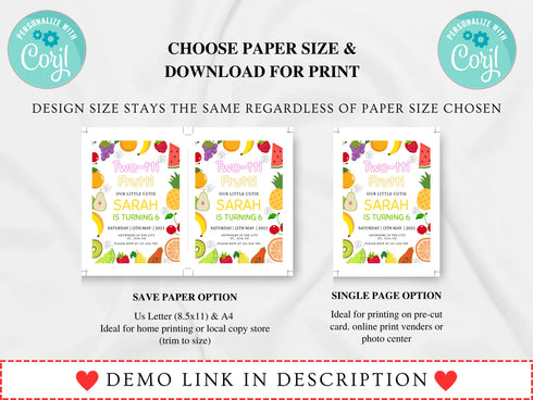 Tutti Frutti Invitation, Instant Download, Two-Tti Frutti Birthday Party Invitation Template, 6th Birthday Invite, Fruit Invitation, Corjl