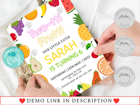 Tutti Frutti Invitation, Instant Download, Two-Tti Frutti Birthday Party Invitation Template, 6th Birthday Invite, Fruit Invitation, Corjl
