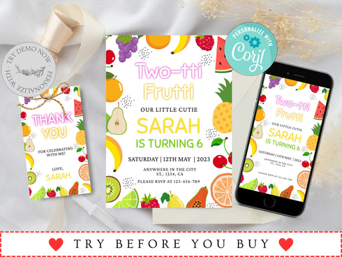 Tutti Frutti Invitation, Instant Download, Two-Tti Frutti Birthday Party Invitation Template, 6th Birthday Invite, Fruit Invitation, Corjl