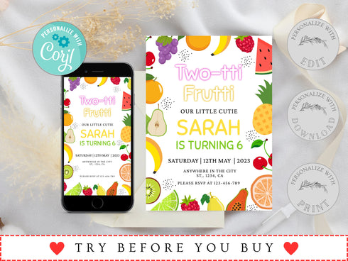 Tutti Frutti Invitation, Instant Download, Two-Tti Frutti Birthday Party Invitation Template, 6th Birthday Invite, Fruit Invitation, Corjl