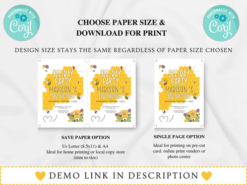 Bee Day Birthday Invitation, Bee Birthday Invitation, Bee 3rd Birthday Template, Beeday Birthday Invite, Bumble Bee Party Invite, Birthday