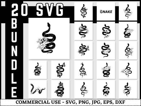 Floral Snake SVG Bundle | Mystical Snake SVG PNG DXF EPS | Celestial Witchy Snake Line Art Cut Files for Cricut | Boho Animal Vector Design