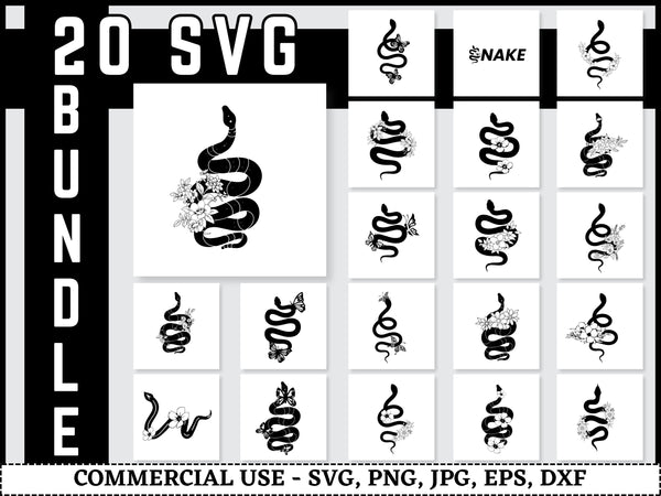 Floral Snake SVG Bundle | Mystical Snake SVG PNG DXF EPS | Celestial Witchy Snake Line Art Cut Files for Cricut | Boho Animal Vector Design