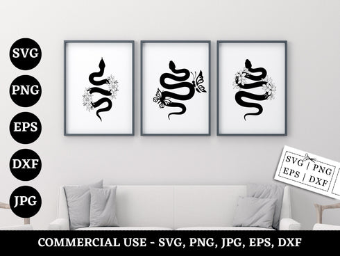 Floral Snake SVG Bundle | Mystical Snake SVG PNG DXF EPS | Celestial Witchy Snake Line Art Cut Files for Cricut | Boho Animal Vector Design
