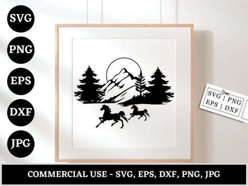 Wild Horse Mountain SVG | Horse Mountain Silhouette SVG PNG DXF EPS | Outdoor Adventure Cut Files for Cricut | Nature Vector Design