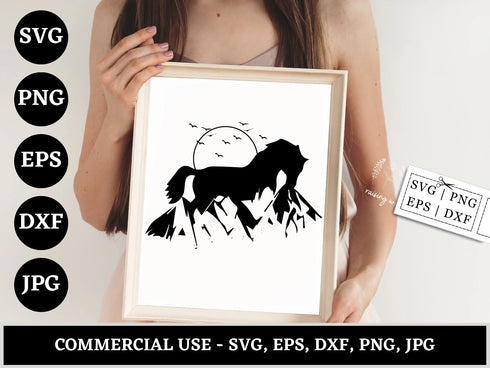 Wild Horse Mountain SVG | Horse Mountain Silhouette SVG PNG DXF EPS | Outdoor Adventure Cut Files for Cricut | Nature Vector Design